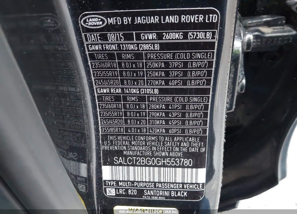 2016 LAND ROVER DISCOVERY SPORT VIN: SALCT2BG0GH553780