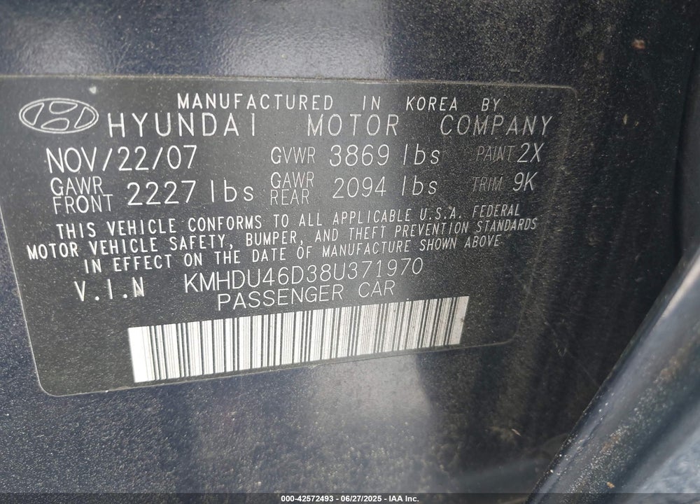 2008 HYUNDAI ELANTRA VIN: KMHDU46D38U371970