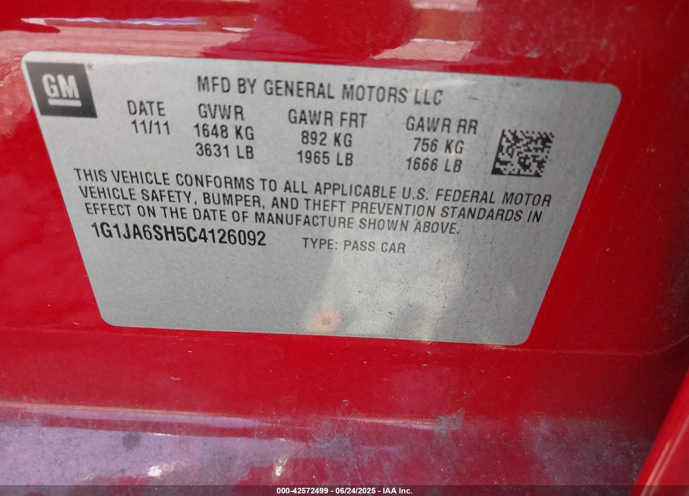 2012 CHEVROLET SONIC VIN: 1G1JA6SH5C4126092