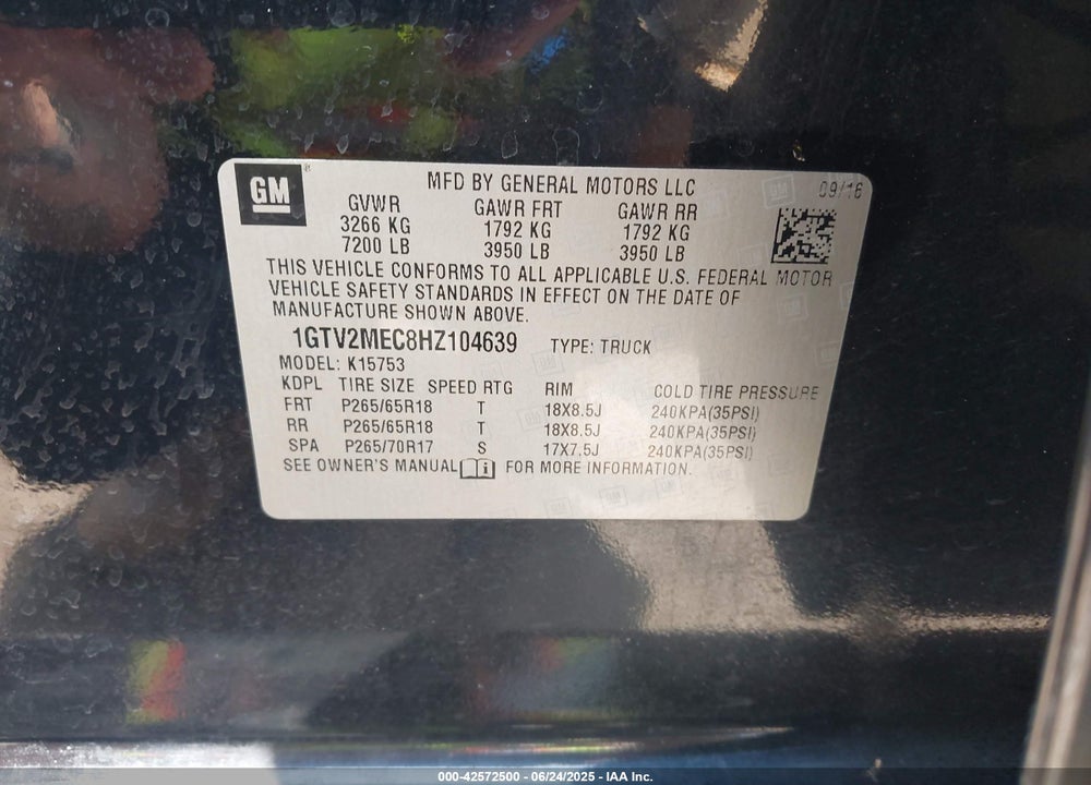 2017 GMC SIERRA 1500 VIN: 1GTV2MEC8HZ104639