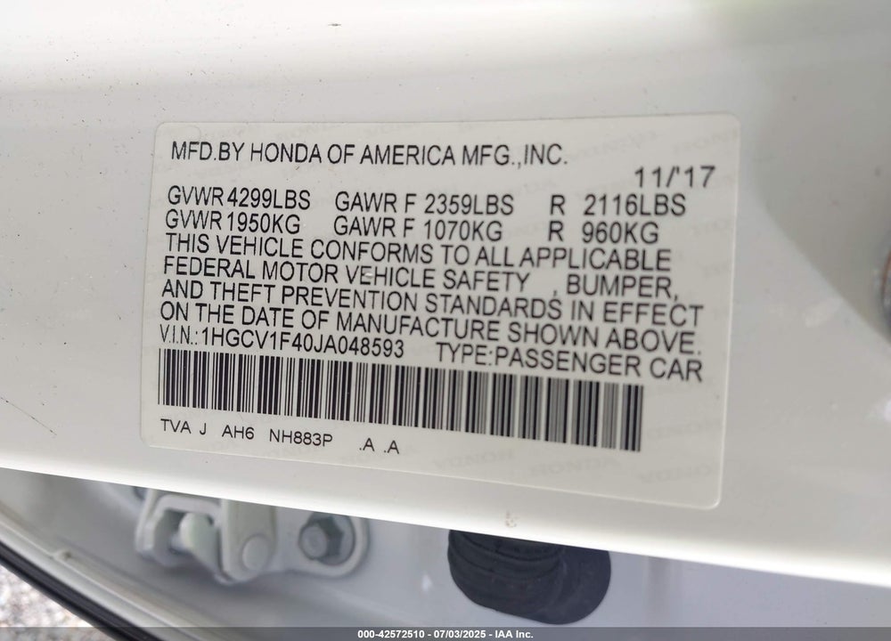 2018 HONDA ACCORD EX VIN: 1HGCV1F40JA048593