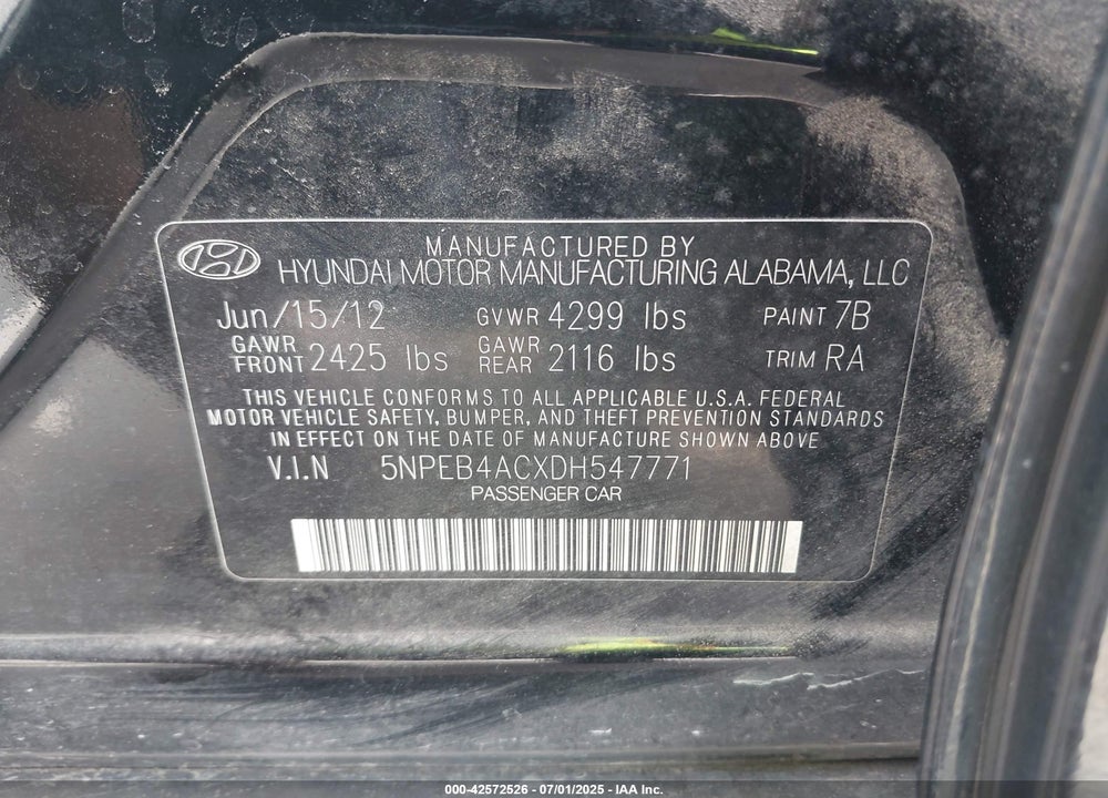 2013 HYUNDAI SONATA VIN: 5NPEB4ACXDH547771