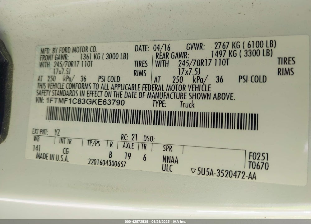 2016 FORD F-150 VIN: 1FTMF1C83GKE63790