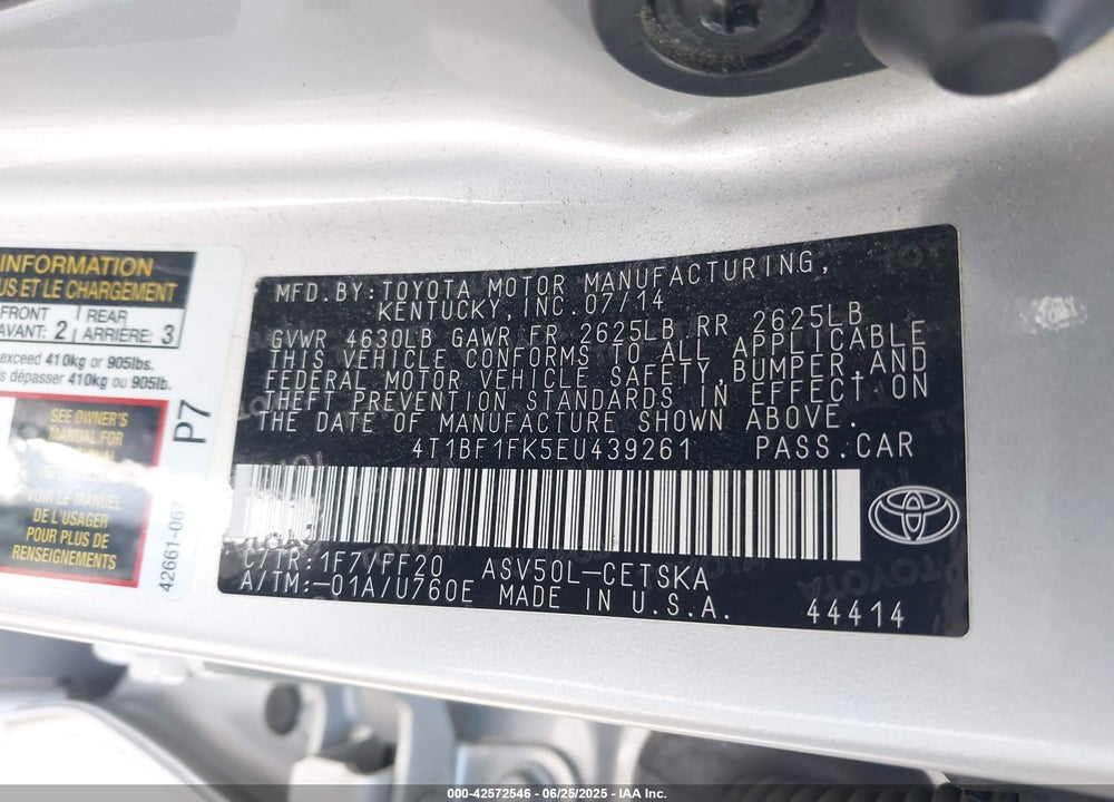 2014 TOYOTA CAMRY VIN: 4T1BF1FK5EU439261