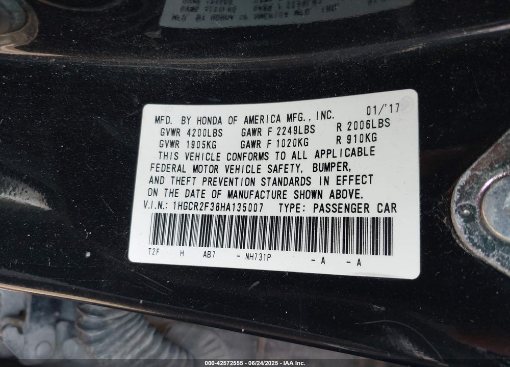 2017 HONDA ACCORD VIN: 1HGCR2F38HA135007