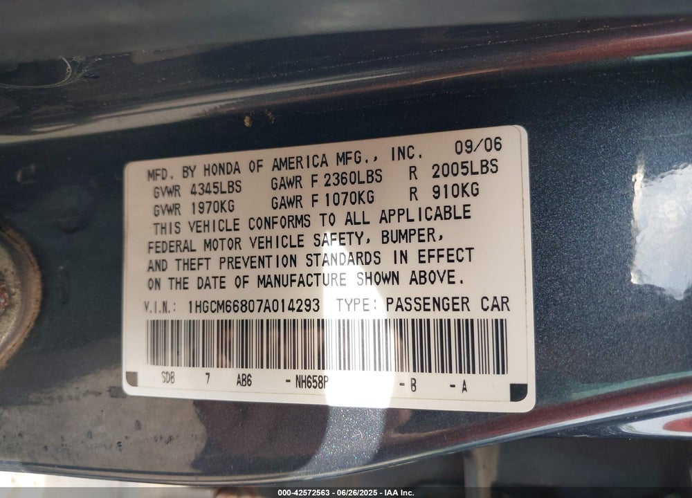 2007 HONDA ACCORD VIN: 1HGCM66807A014293