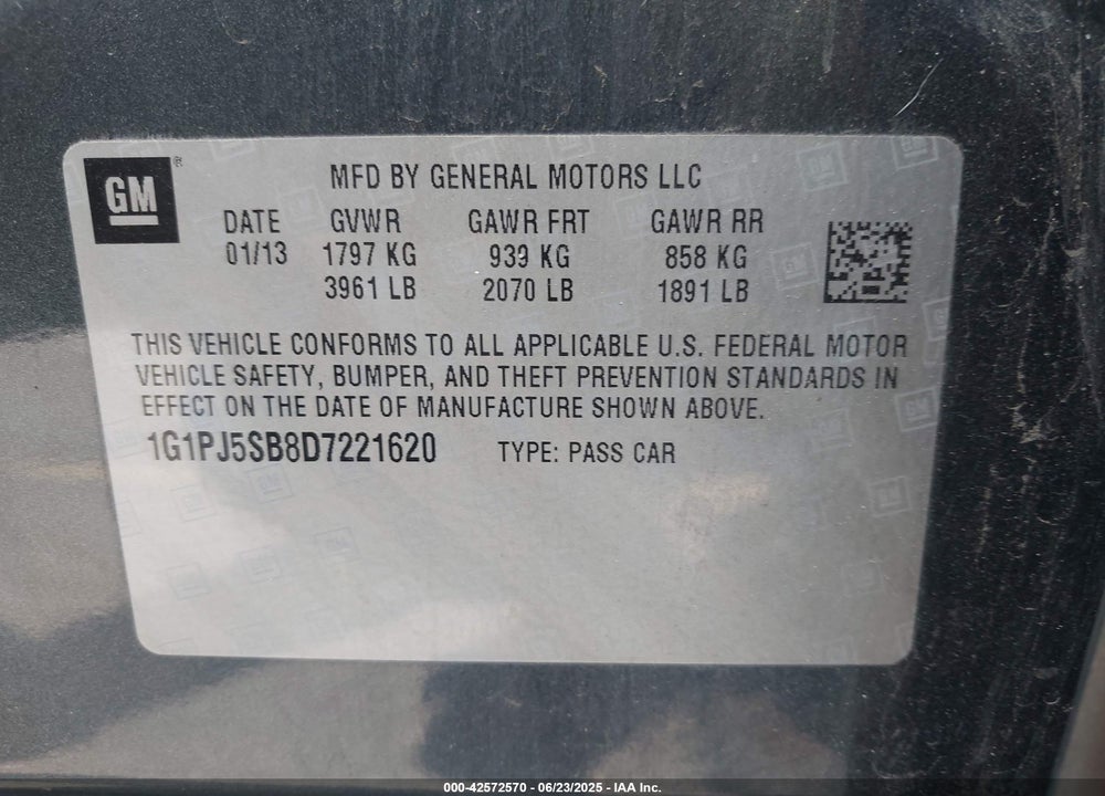 2013 CHEVROLET CRUZE VIN: 1G1PJ5SB8D7221620