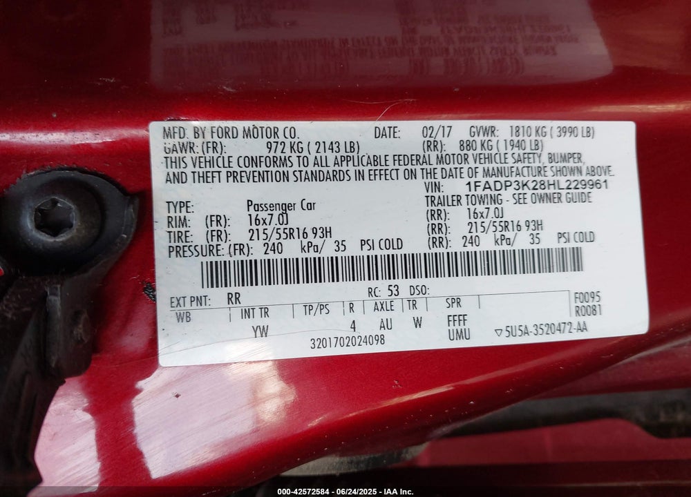 2017 FORD FOCUS VIN: 1FADP3K28HL229961