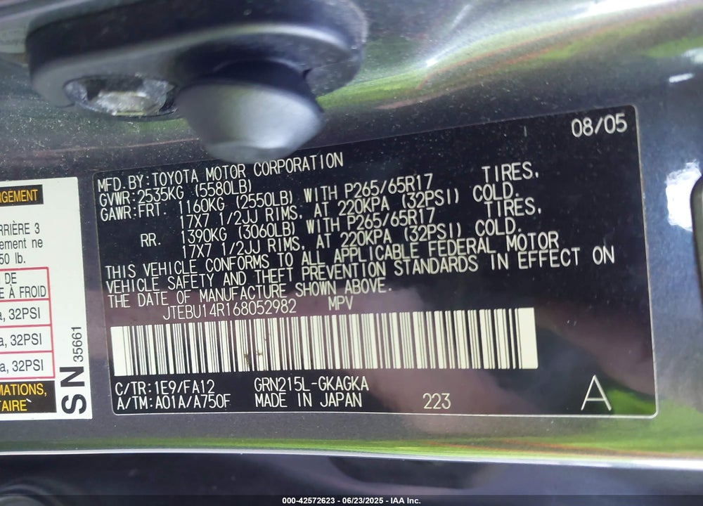 2006 TOYOTA 4RUNNER VIN: JTEBU14R168052982