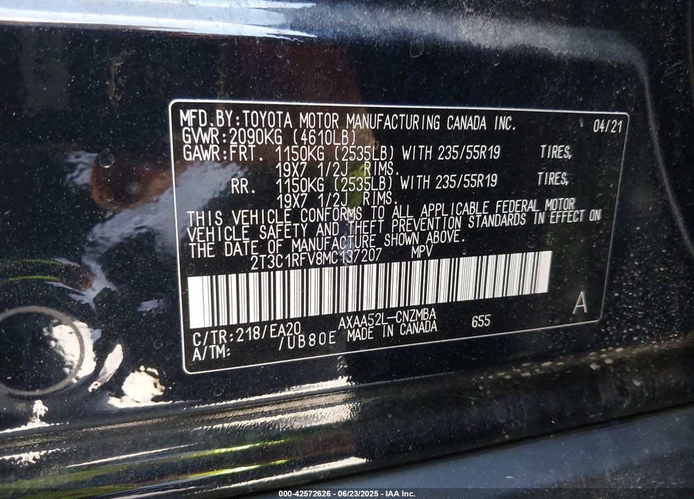 2021 TOYOTA RAV4 VIN: 2T3C1RFV8MC137207