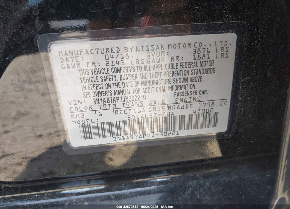 2018 NISSAN SENTRA VIN: 3N1AB7AP7JY302219