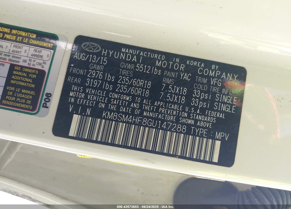 2016 HYUNDAI SANTA FE VIN: KM8SM4HF8GU147288