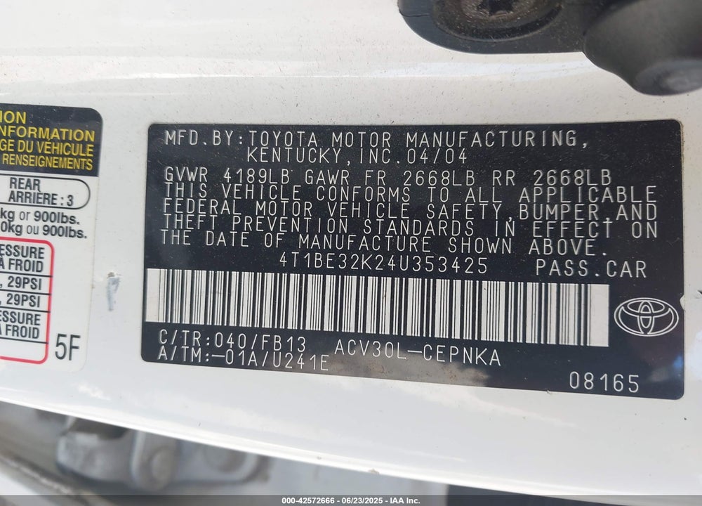 2004 TOYOTA CAMRY LE VIN: 4T1BE32K24U353425