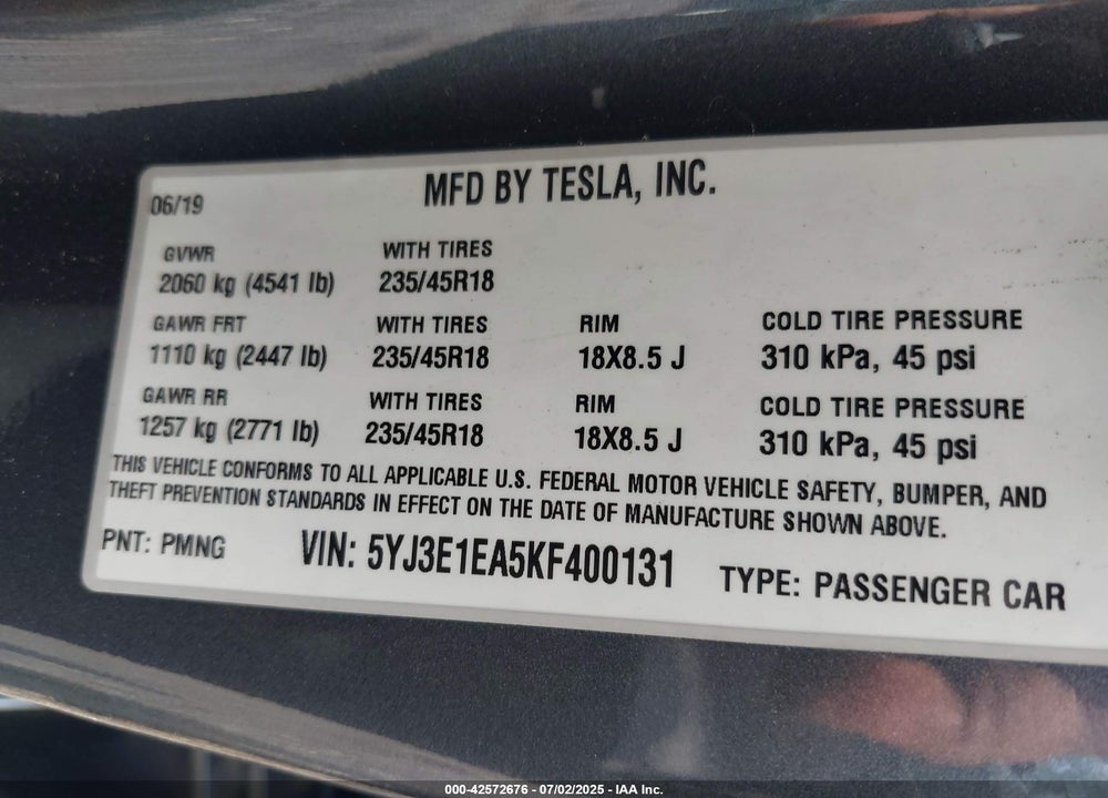 2019 TESLA MODEL 3 VIN: 5YJ3E1EA5KF400131