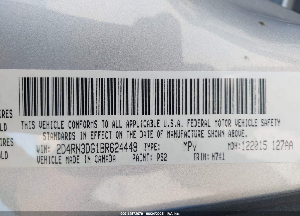 2011 DODGE GRAND CARAVAN MAINSTREET VIN: 2D4RN3DG1BR624449