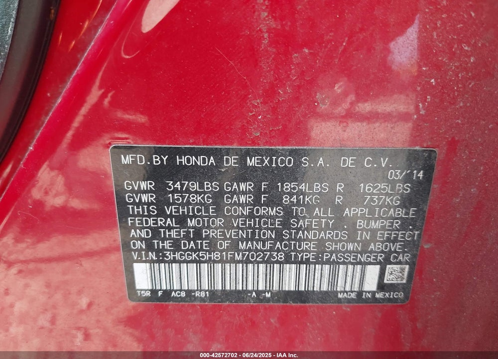 2015 HONDA FIT VIN: 3HGGK5H81FM702738