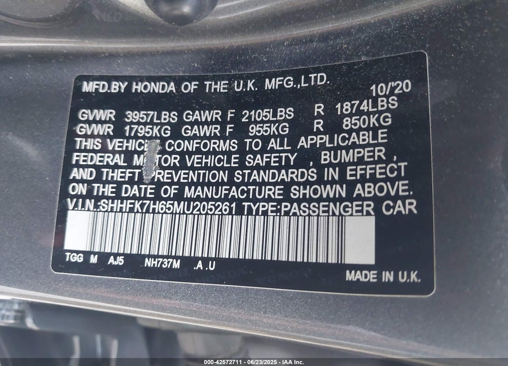 2021 HONDA CIVIC EX VIN: SHHFK7H65MU205261