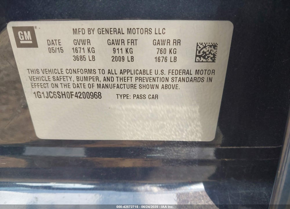 2015 CHEVROLET SONIC VIN: 1G1JC6SH0F4200968