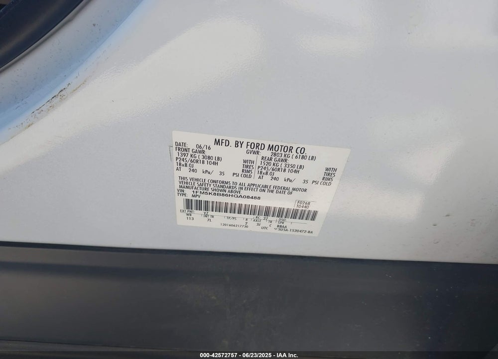 2017 FORD EXPLORER VIN: 1FM5K8B86HGA08488