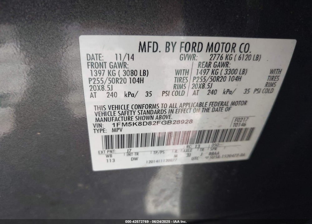 2015 FORD EXPLORER VIN: 1FM5K8D82FGB28928