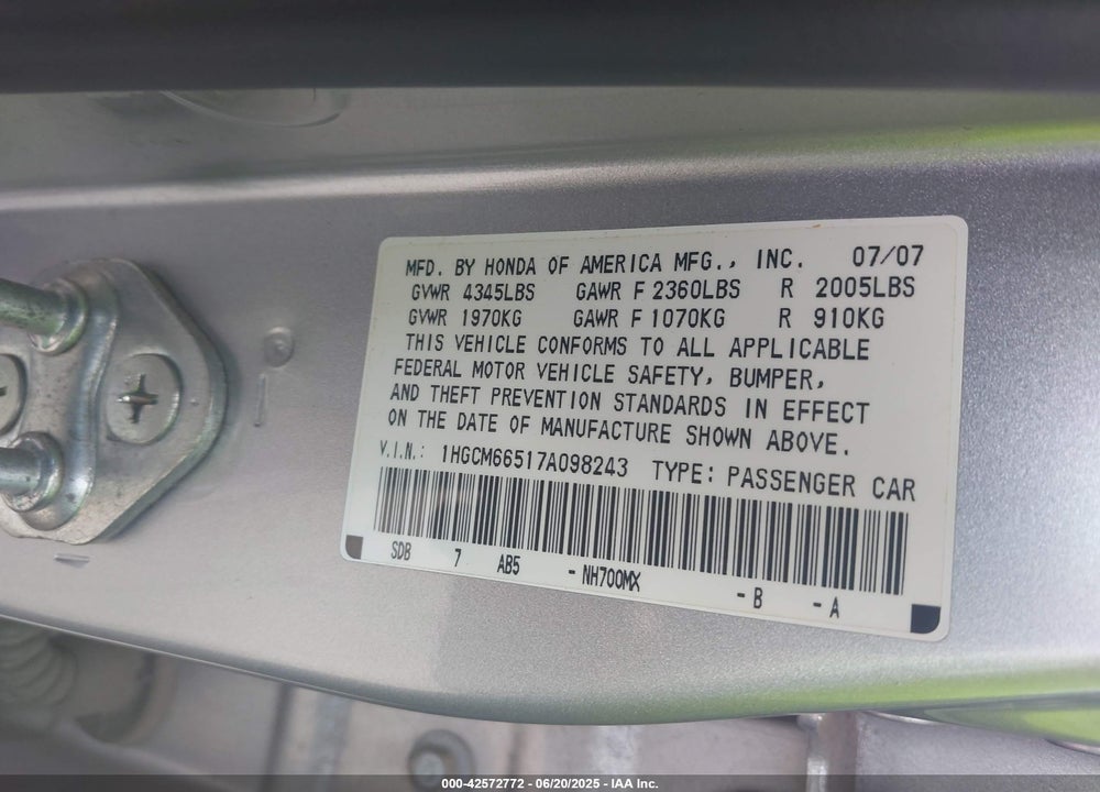 2007 HONDA ACCORD VIN: 1HGCM66517A098243