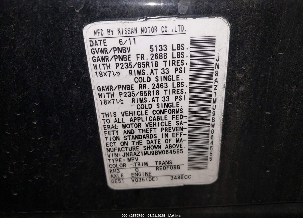 2011 NISSAN MURANO VIN: JN8AZ1MU9BW064555