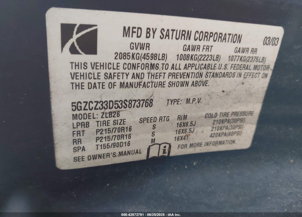 2003 SATURN VUE 4 CYL VIN: 5GZCZ33D53S873768