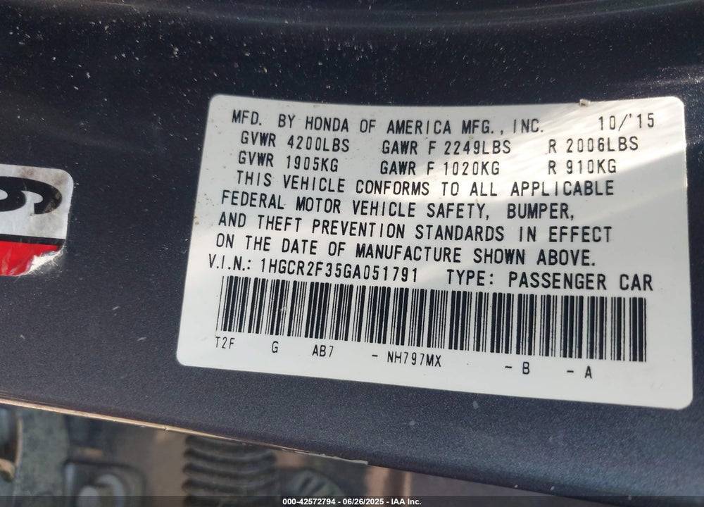 2016 HONDA ACCORD VIN: 1HGCR2F35GA051791