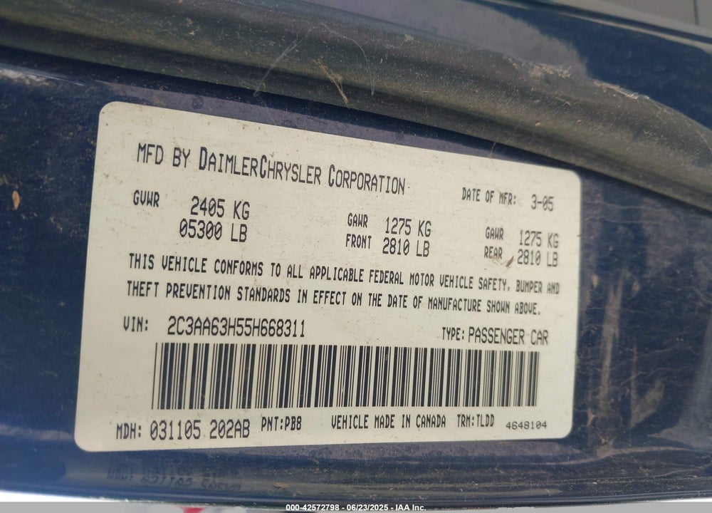 2005 CHRYSLER 300C VIN: 2C3AA63H55H668311