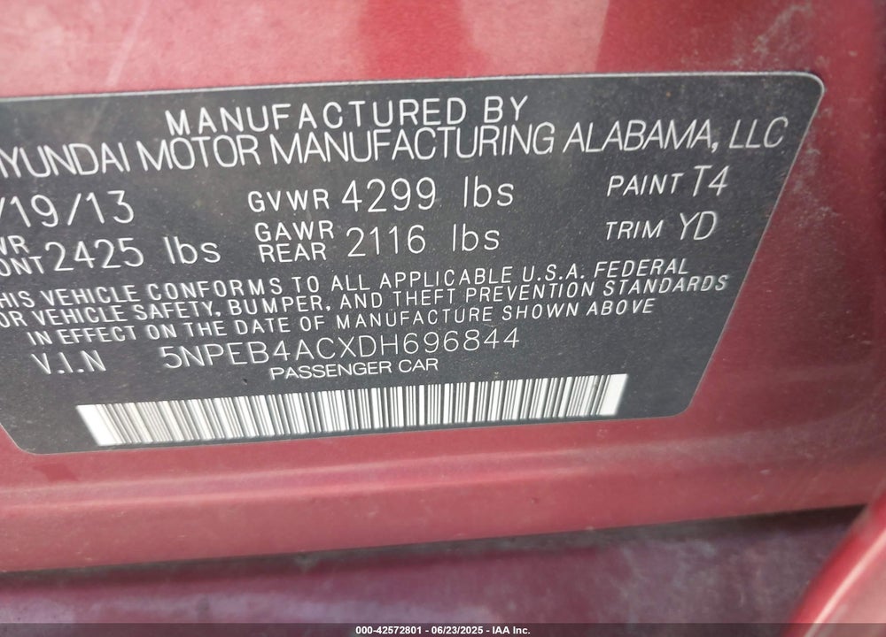 2013 HYUNDAI SONATA GLS VIN: 5NPEB4ACXDH696844