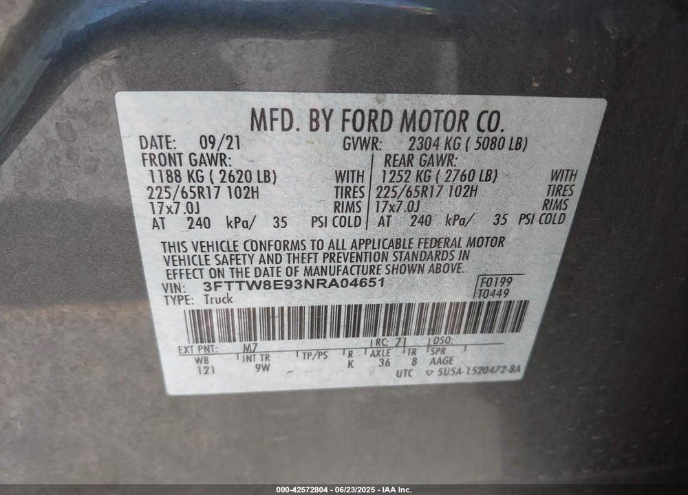 2022 FORD MAVERICK VIN: 3FTTW8E93NRA04651