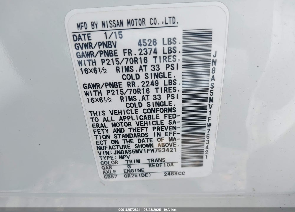 2015 NISSAN ROGUE SELECT VIN: JN8AS5MV1FW753421