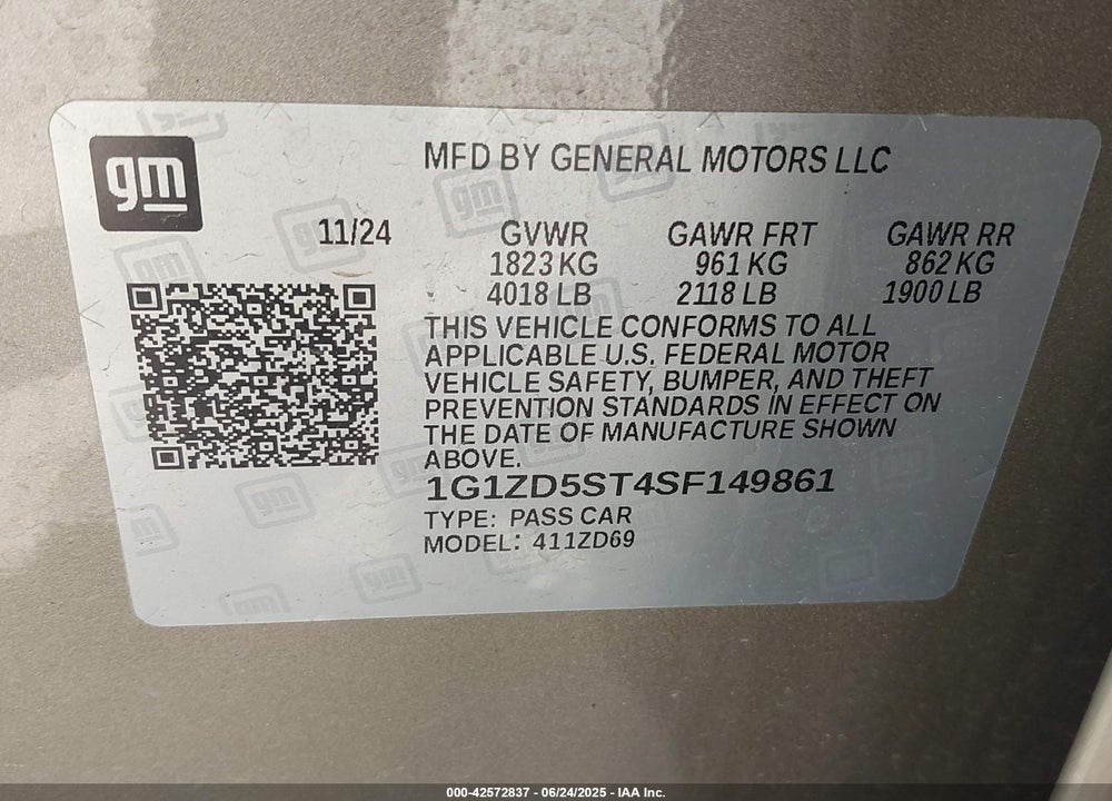 2025 CHEVROLET MALIBU FWD 1LT VIN: 1G1ZD5ST4SF149861
