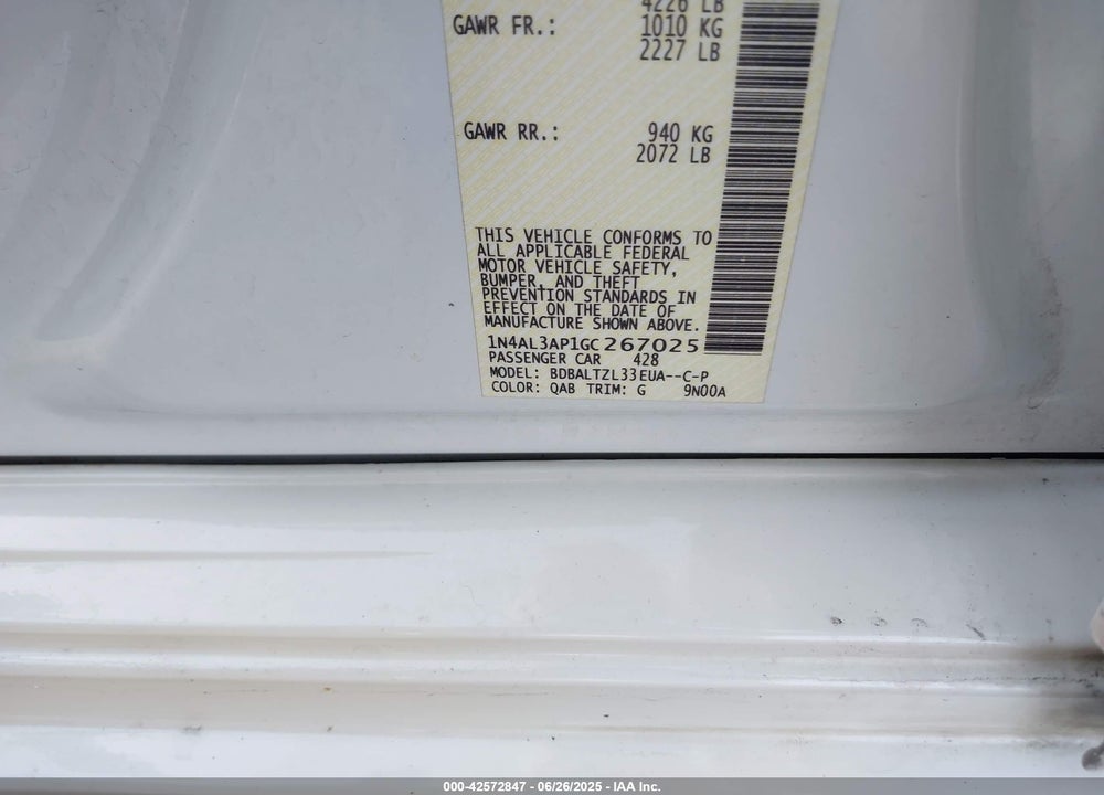 2016 NISSAN ALTIMA VIN: 1N4AL3AP1GC267025