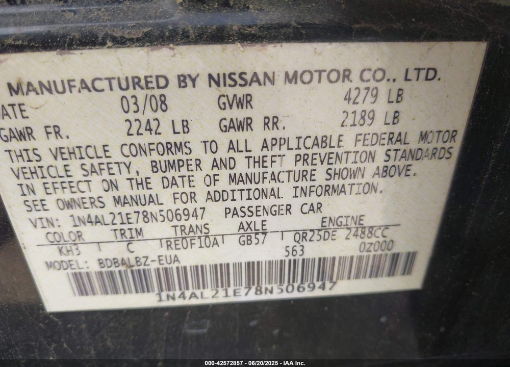 2008 NISSAN ALTIMA 2.5 S VIN: 1N4AL21E78N506947