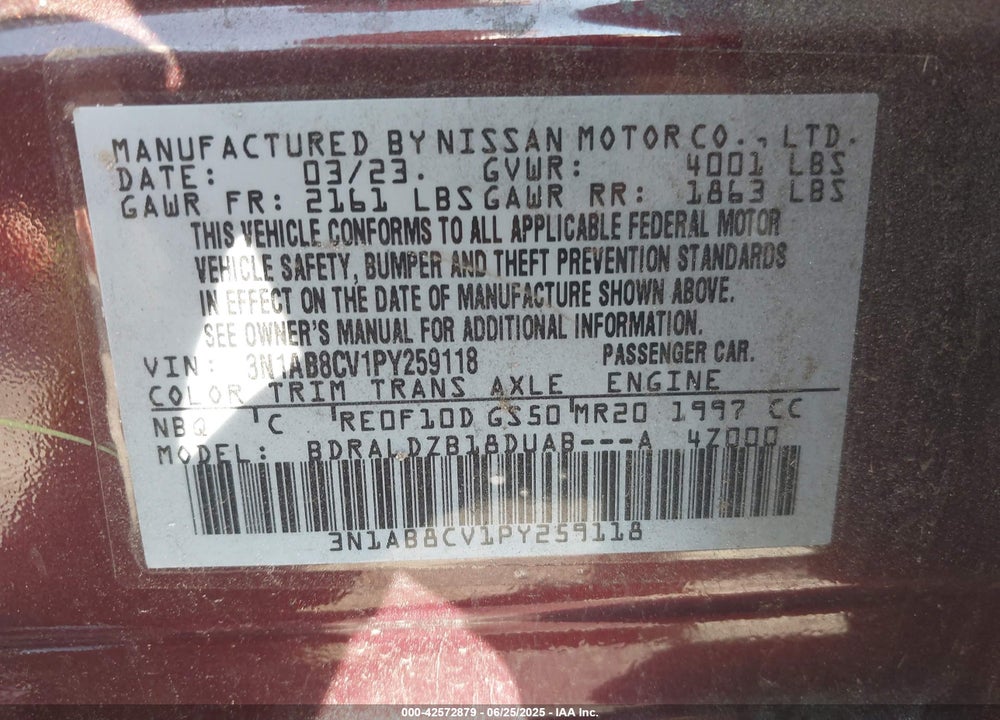 2023 NISSAN SENTRA SV XTRONIC CVT VIN: 3N1AB8CV1PY259118