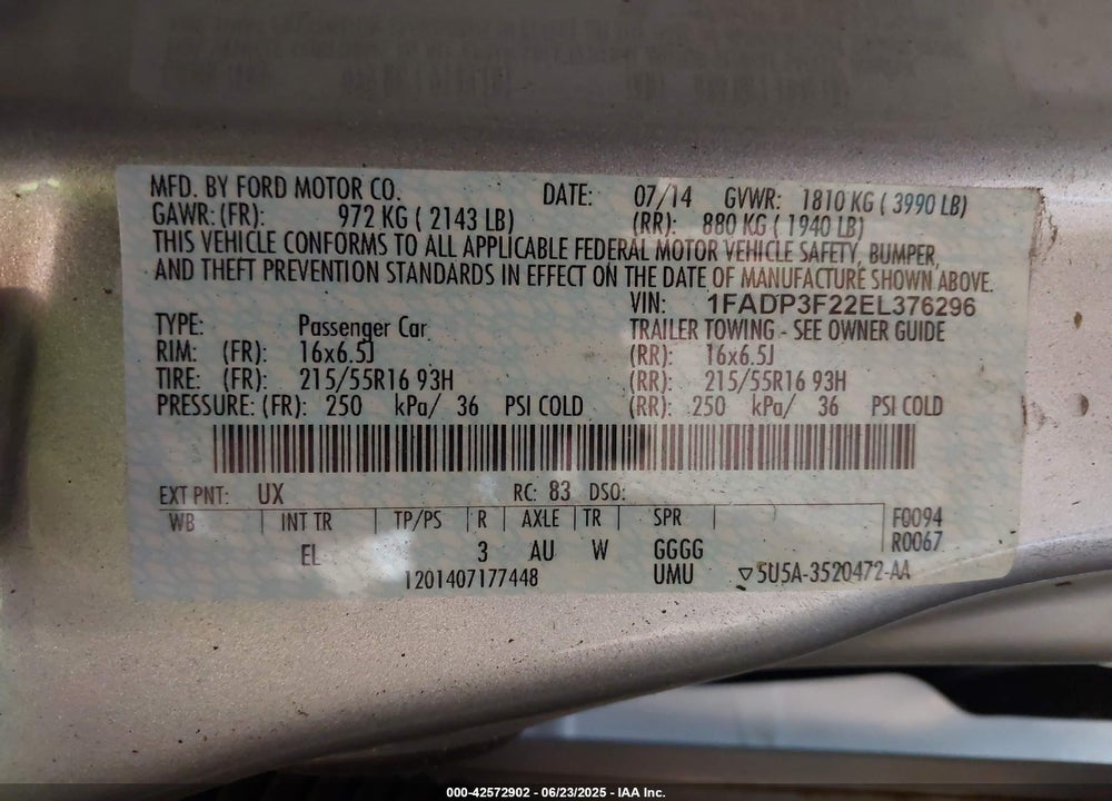2014 FORD FOCUS VIN: 1FADP3F22EL376296