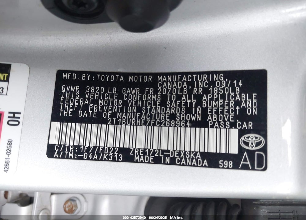 2015 TOYOTA COROLLA VIN: 2T1BURHE7FC268964