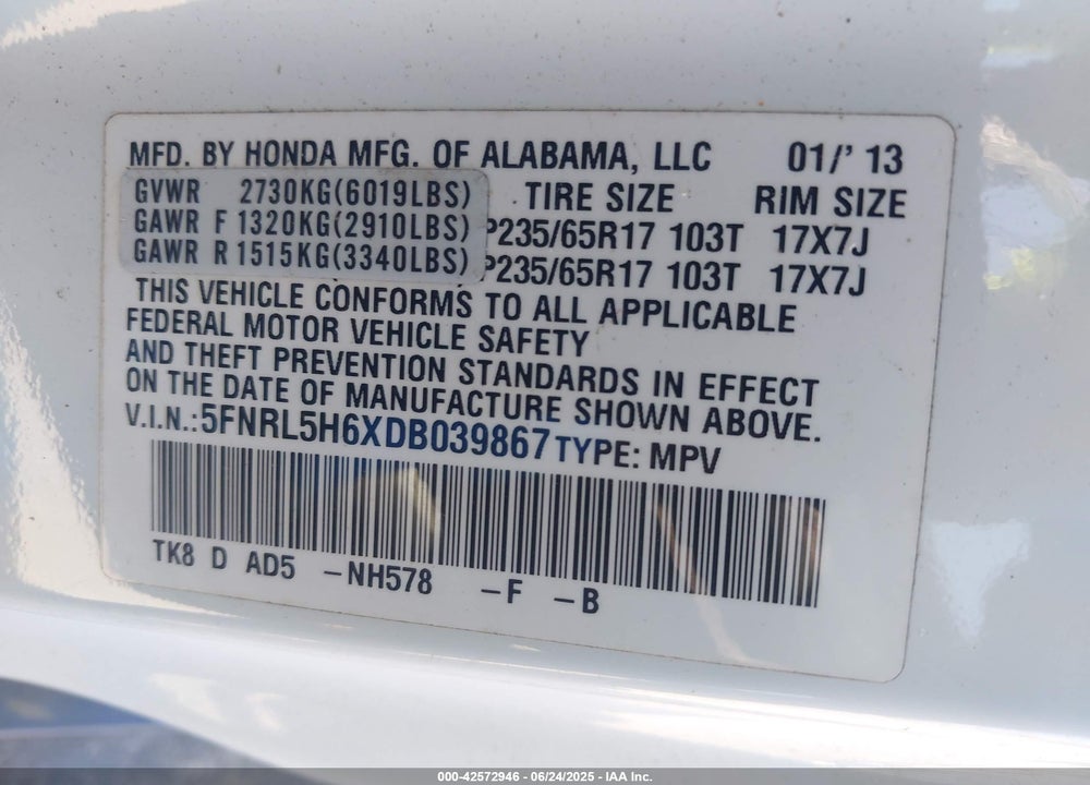 2013 HONDA ODYSSEY EX-L VIN: 5FNRL5H6XDB039867