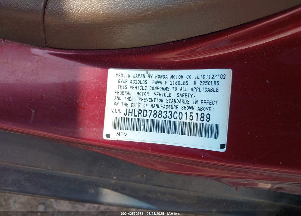 2003 HONDA CR-V EX VIN: JHLRD78833C015189