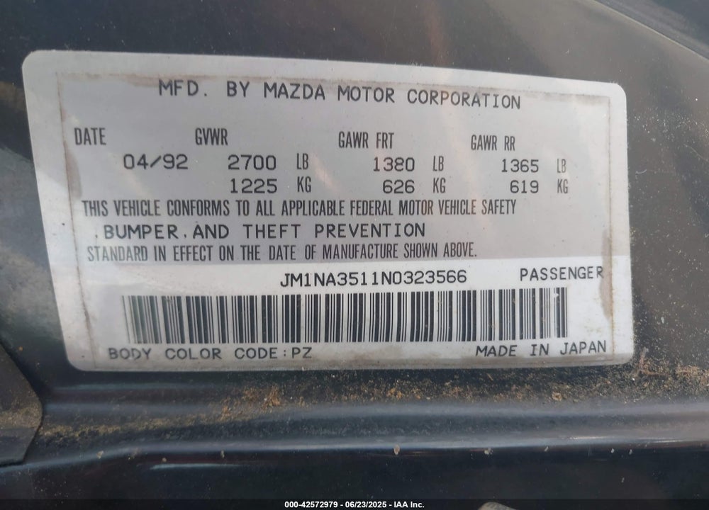 1992 MAZDA MX-5 MIATA VIN: JM1NA3511N0323566