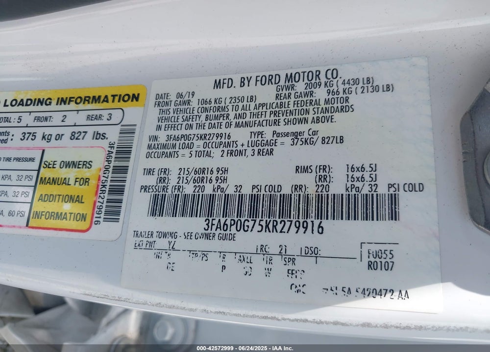 2019 FORD FUSION VIN: 3FA6P0G75KR279916