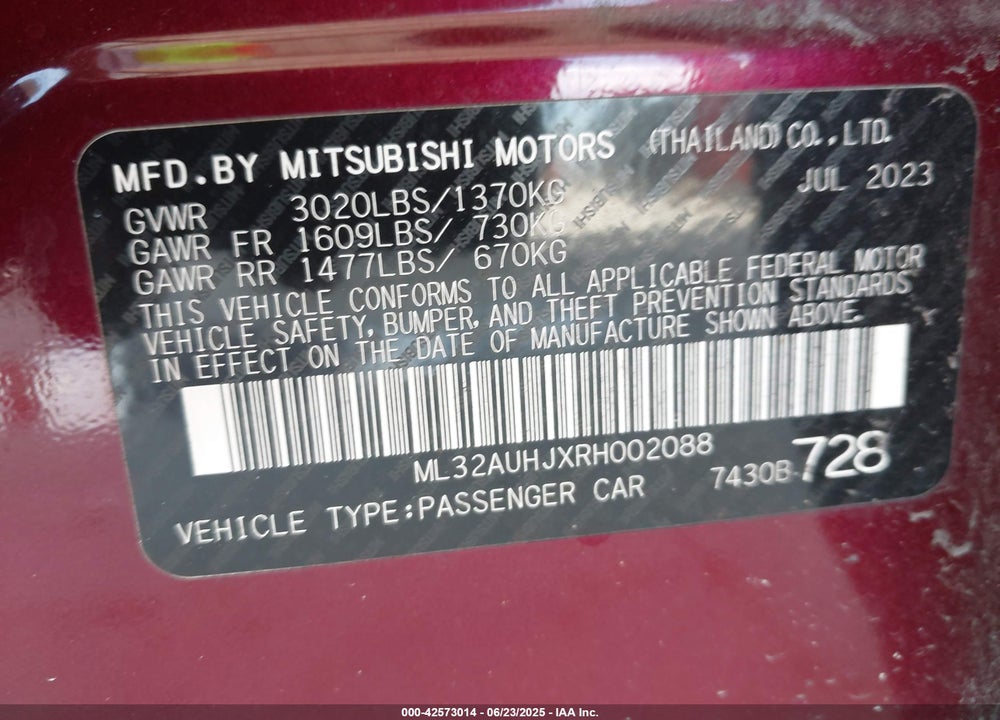 2024 MITSUBISHI MIRAGE VIN: ML32AUHJXRH002088