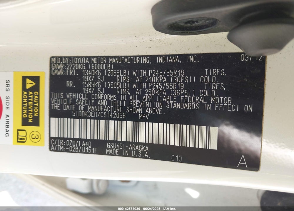 2012 TOYOTA HIGHLANDER VIN: 5TDDK3EH7CS142066