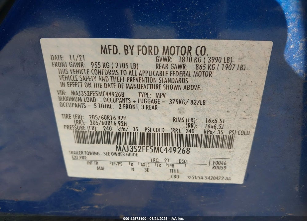 2021 FORD ECOSPORT VIN: MAJ3S2FE5MC449268