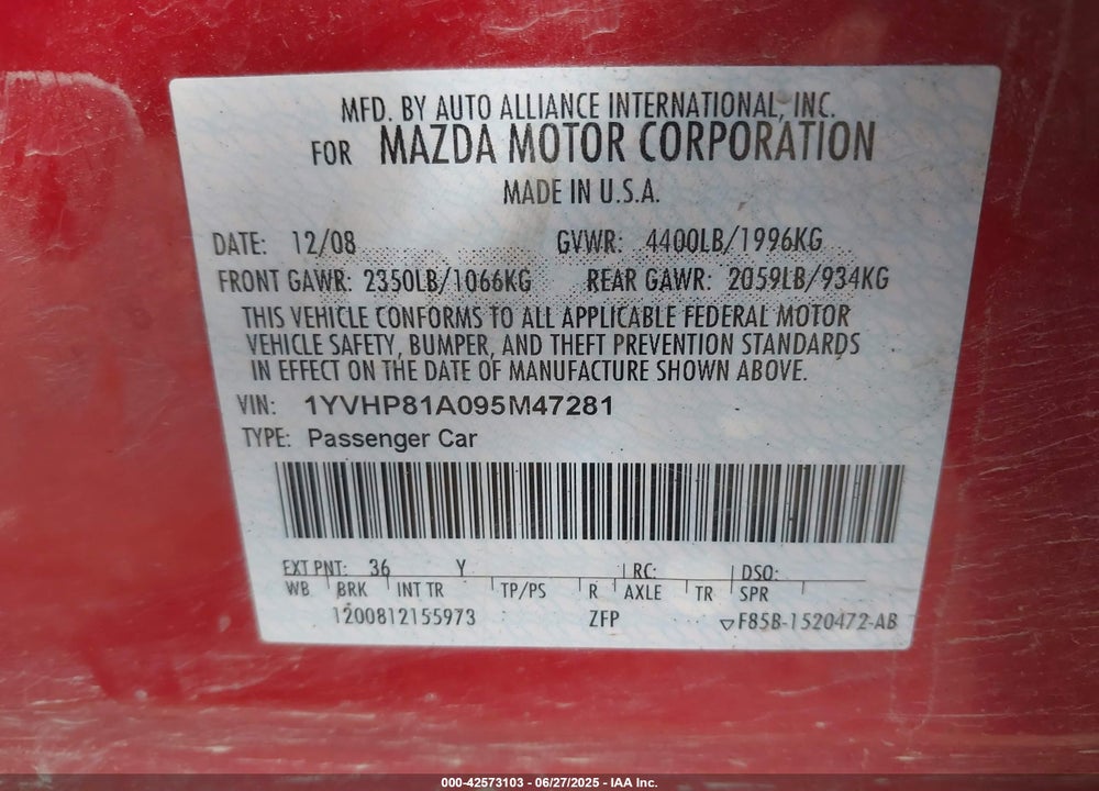 2009 MAZDA 6 VIN: 1YVHP81A095M47281