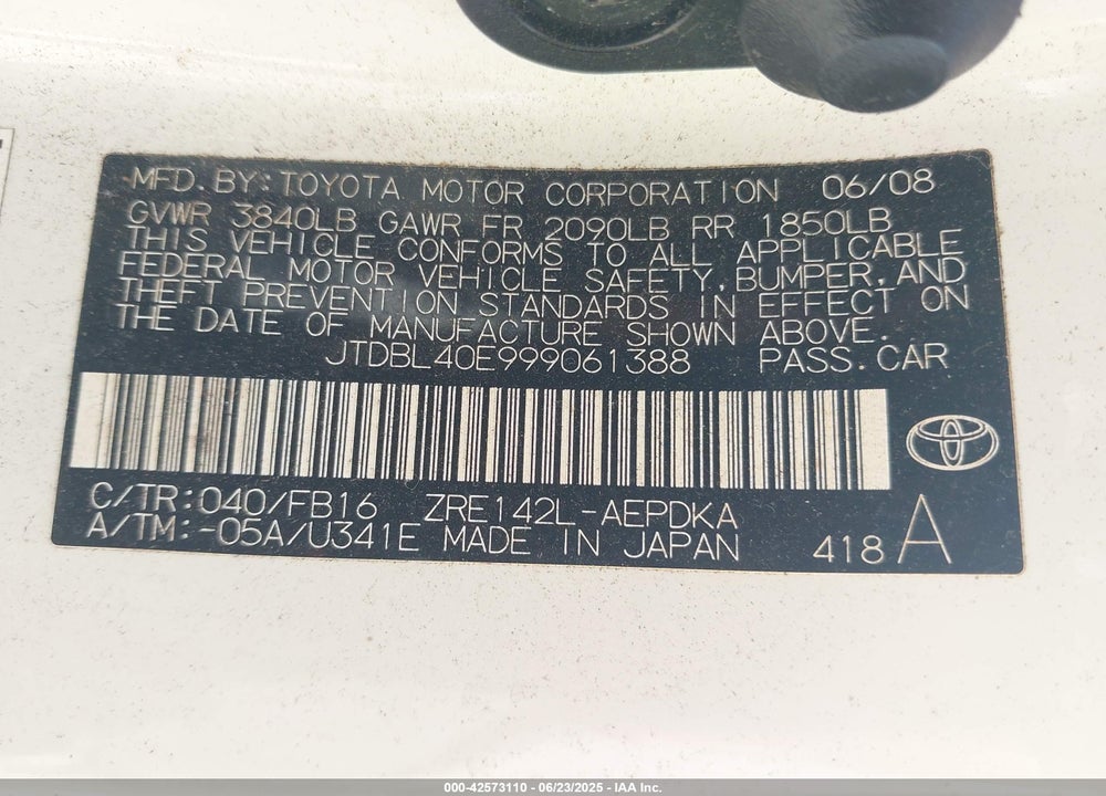 2009 TOYOTA COROLLA VIN: JTDBL40E999061388