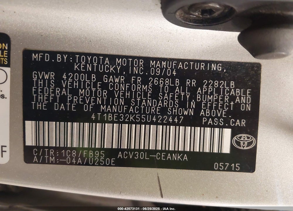 2005 TOYOTA CAMRY LE VIN: 4T1BE32K55U422447
