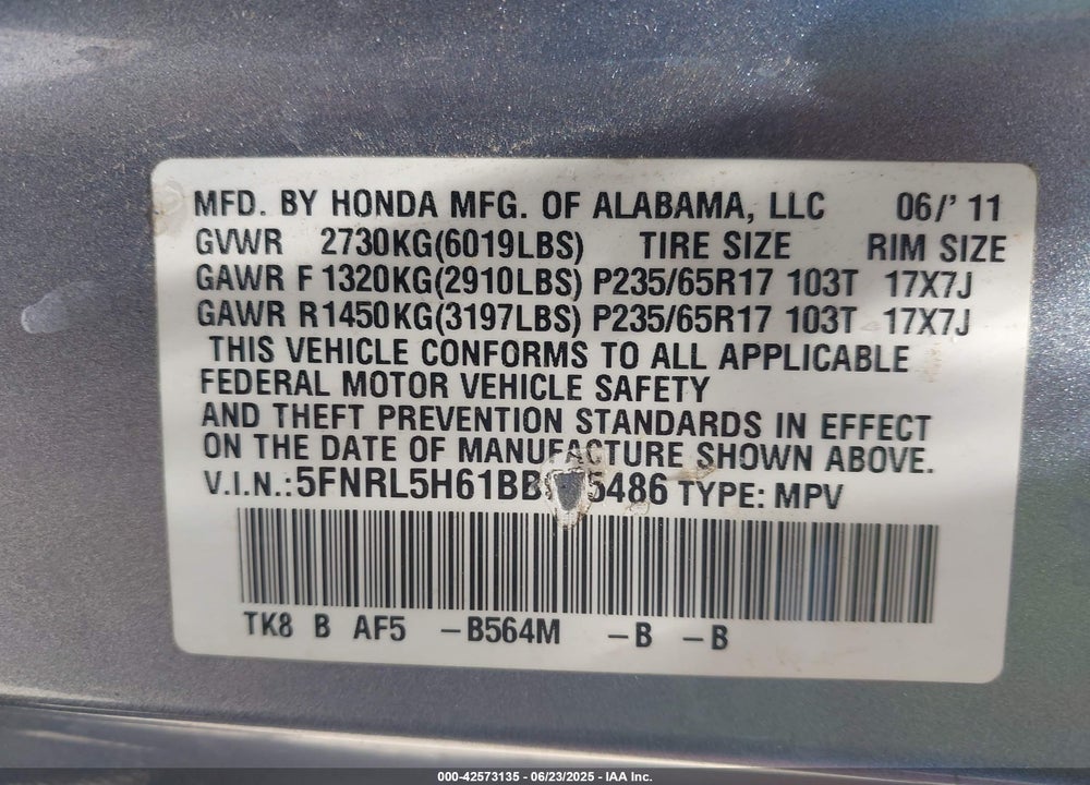 2011 HONDA ODYSSEY EX-L VIN: 5FNRL5H61BB085486
