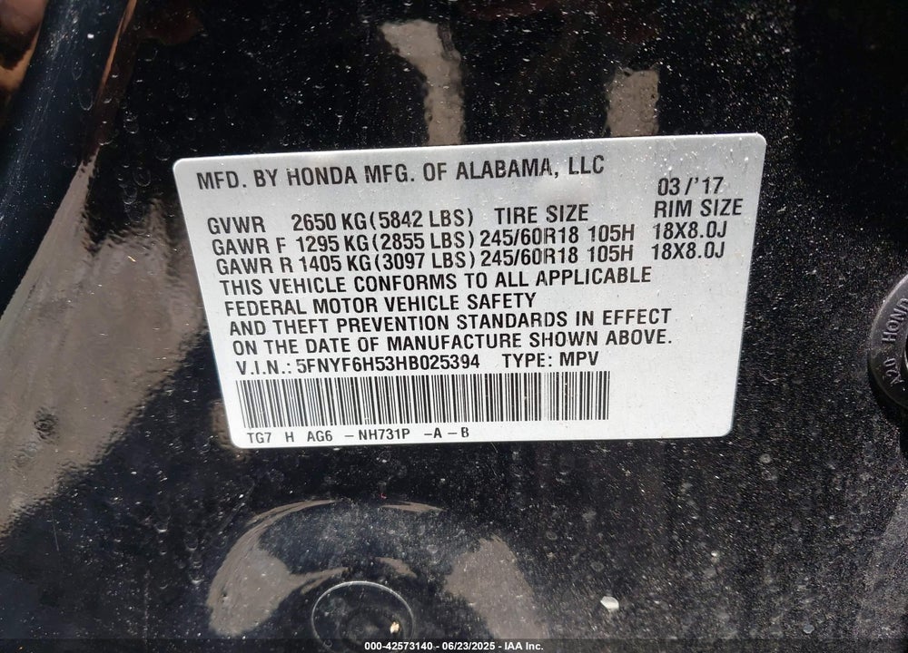 2017 HONDA PILOT EX-L VIN: 5FNYF6H53HB025394